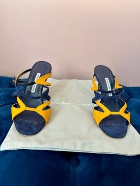 Manolo Blahnik Navy & Yellow Suede Strappy Heels